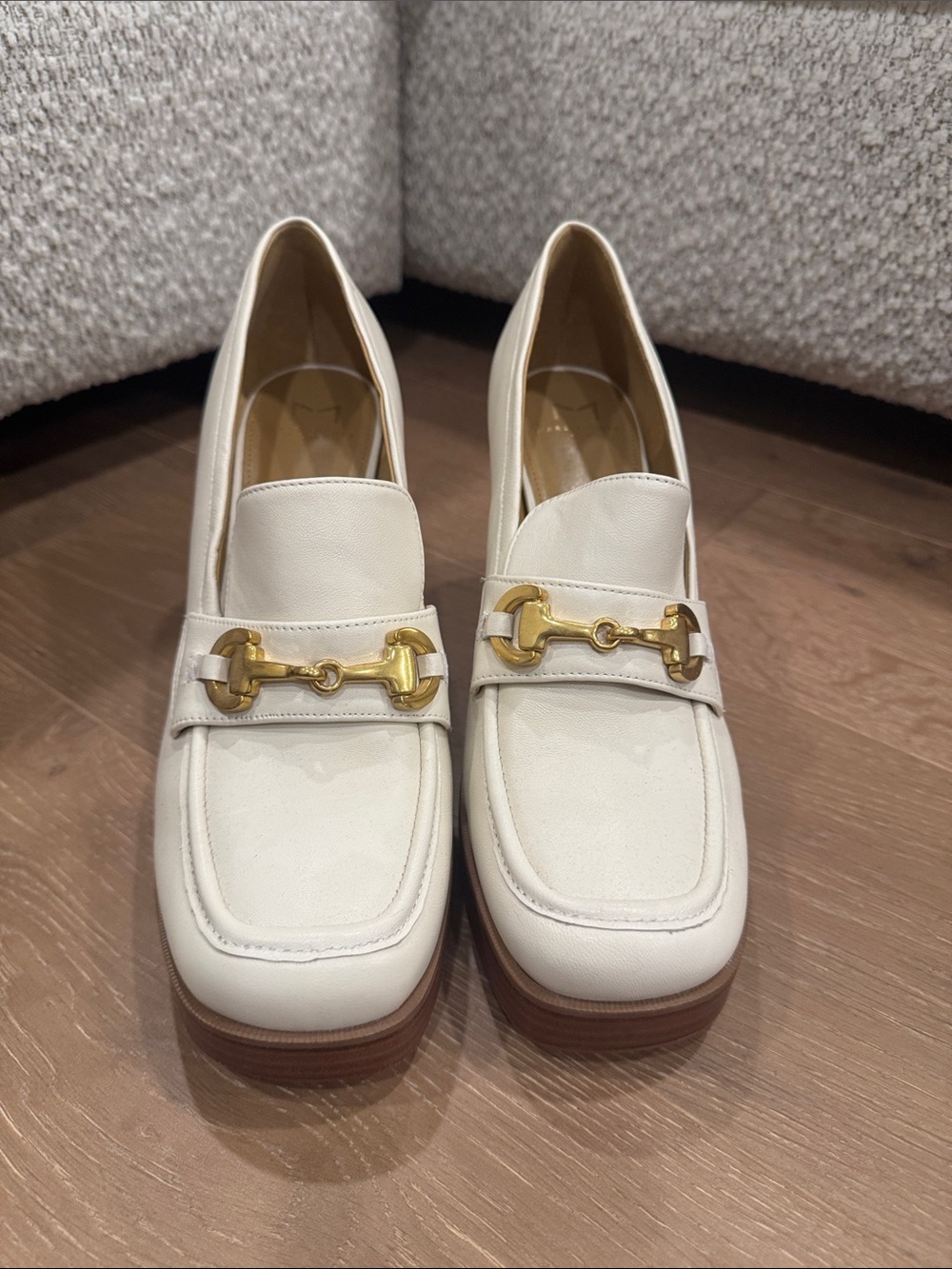 Marc Fisher Cream Leather Loafers with Gold Bit